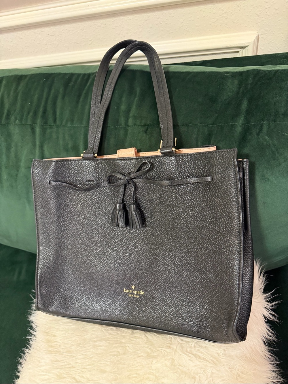 kate spade Black Pebbled Leather Tote with Tassel Bow